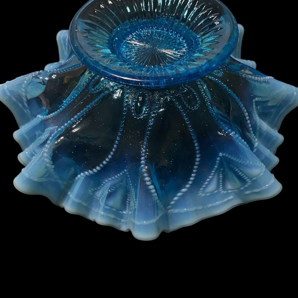 Nothwood Opalescent Blue Antique Glass Roulette Bowl 1906 Crimped Ruffled Edge - Picture 8 of 10
